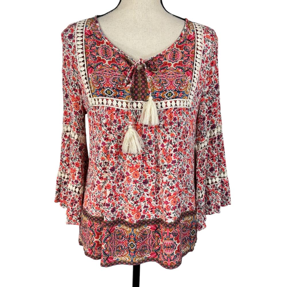 One World Medium Top Floral Gauzy Crochet Tasseled Keyhole 3/4 Bell Sleeve Multi